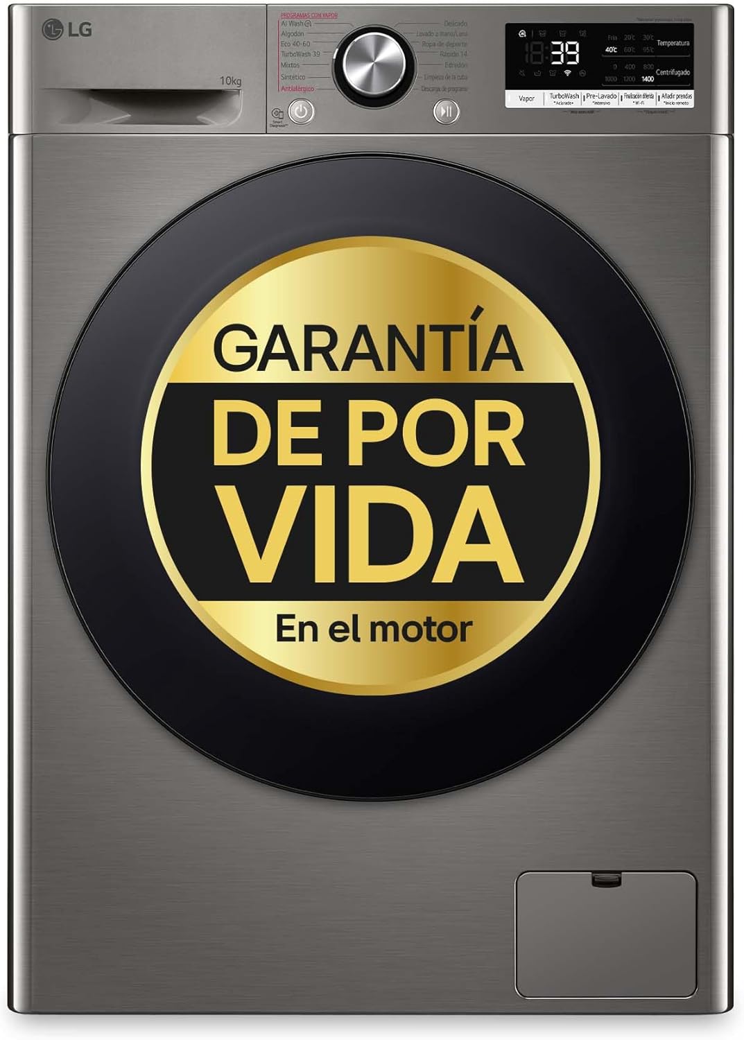Lavadora Inteligente LG 10kg, AI Direct Drive, TurboWash 360º, 1400rpm, Carga Frontal, Eficiencia A, Inox Grafito