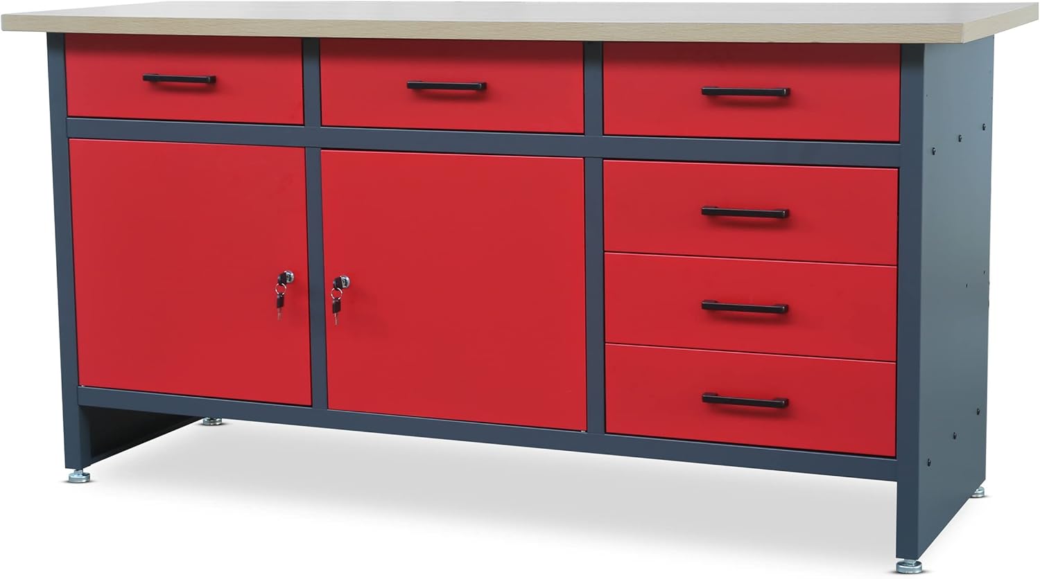 Mesa de Trabajo Industrial con Cajones, Compartimentos y Altura Ajustable, Carga Máxima 500 kg, 170x60x85 cm, Antracita-Rojo
