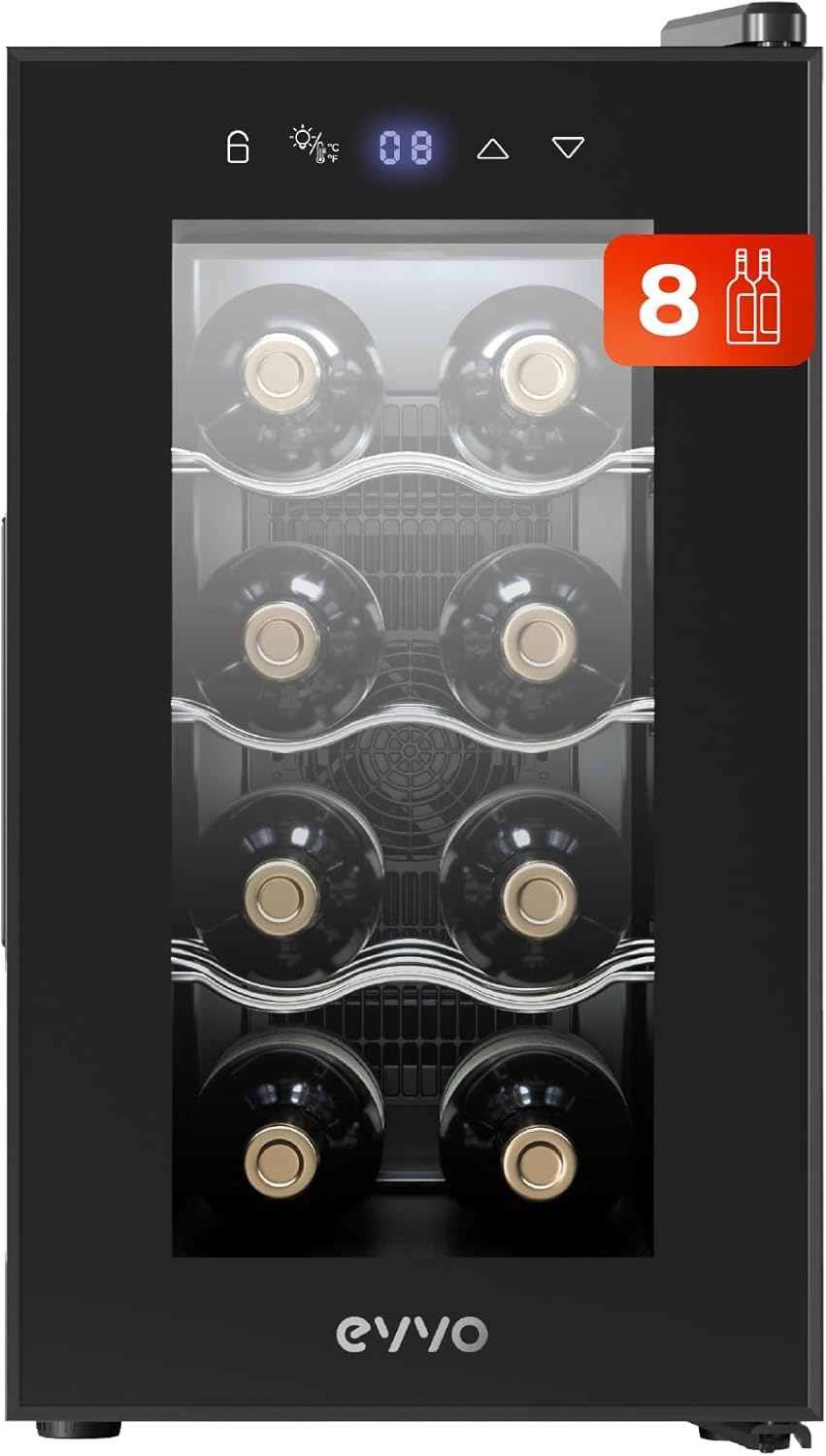 Enfriador de Vino EVVO VT8 para 8 Botellas, Silencioso y Compacto, Control Táctil y Luz LED, Botellero Vertical con Temperatura Regulable