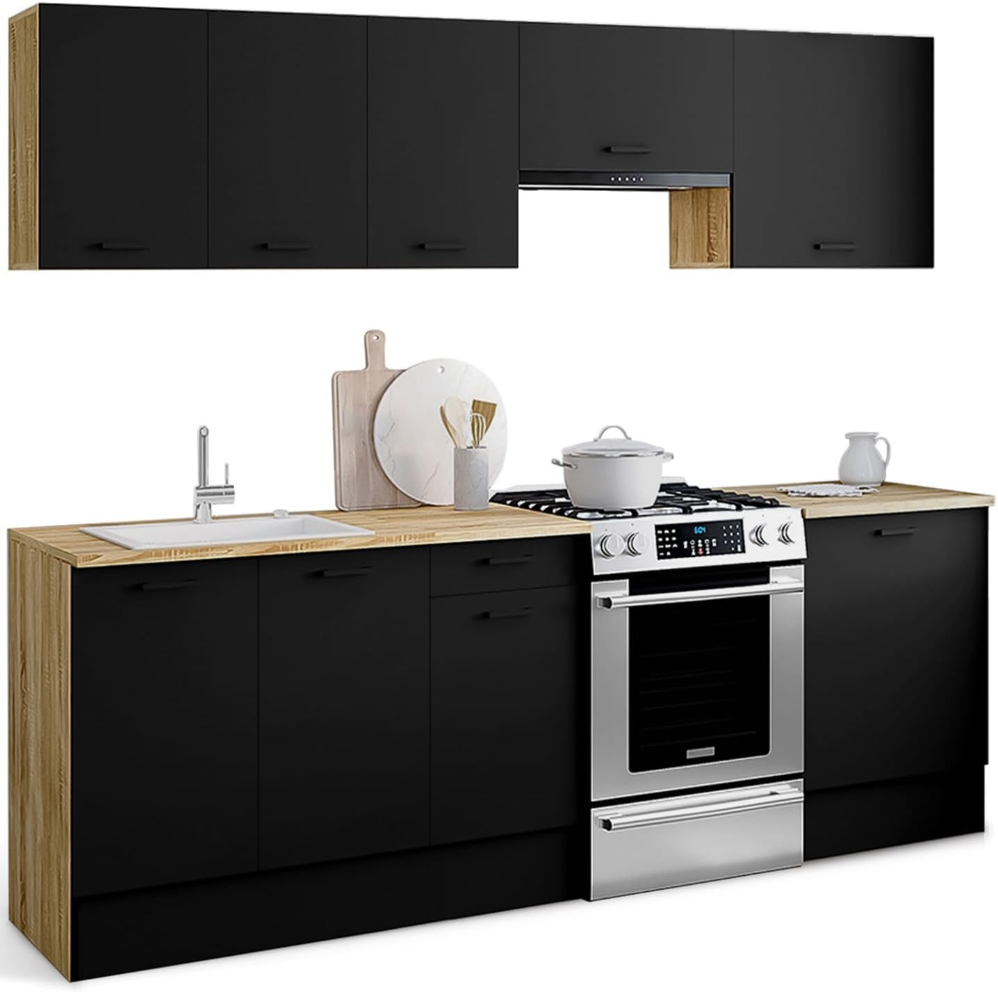 Conjunto de Cocina Completa Subtil 240 cm con Madera y Negro, 7 Elementos