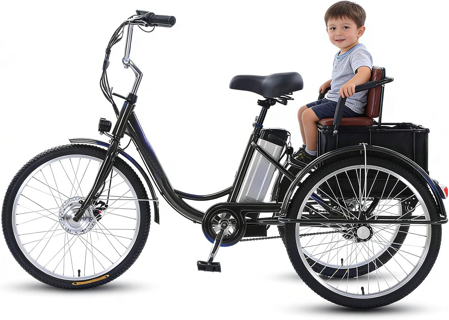 Triciclo Eléctrico 3 Ruedas, Asiento Ajustable, 24 Pulgadas, Capacidad 150 kg, Cesta Trasera, Ideal para Ejercicio y Compras