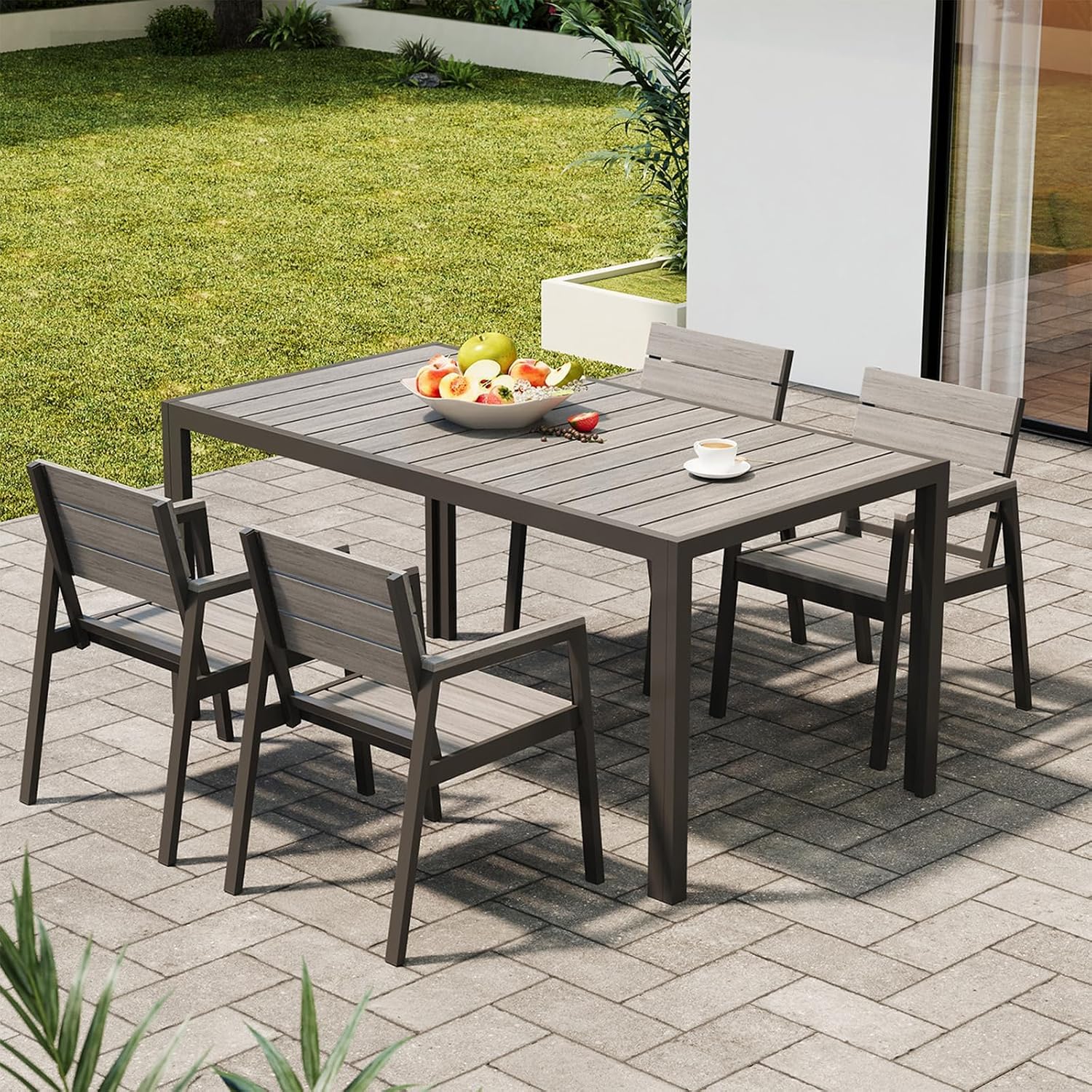 Conjunto de Mesa y Sillas de Jardín de Aluminio, 4 Piezas de 150 cm, Imitación Madera Realista para Exterior