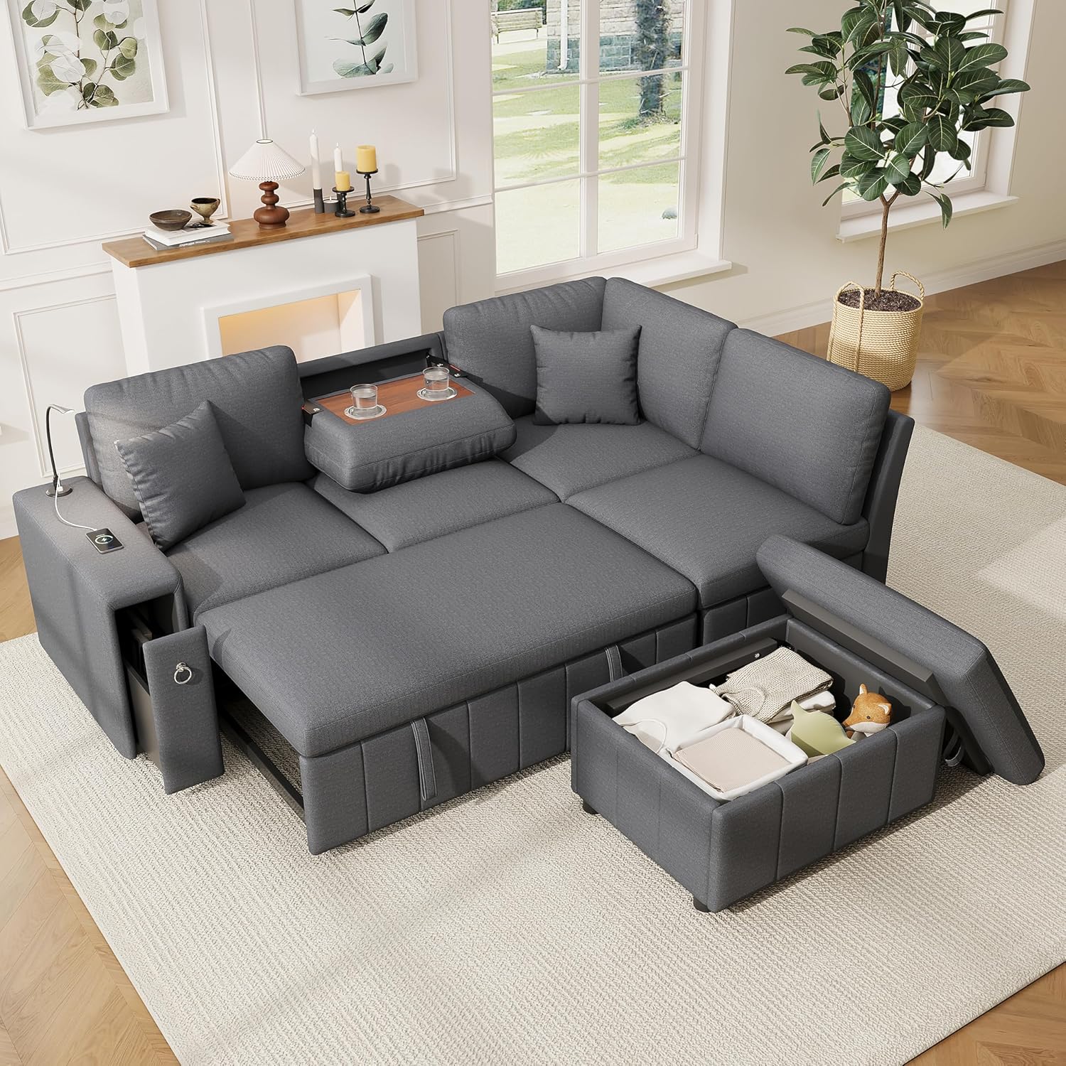 Sofá modular L con cama, almacenaje, mesa abatible, puertos USB-C, lámpara y cojines para salón