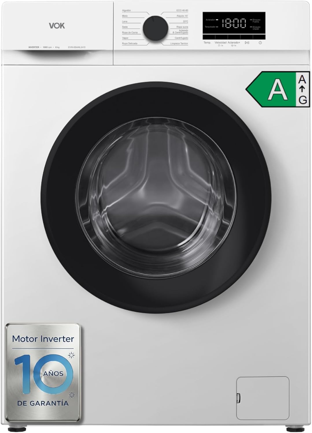Lavadora VOK 6kg, Clase A, Motor Inverter, 1000 RPM, Blanca