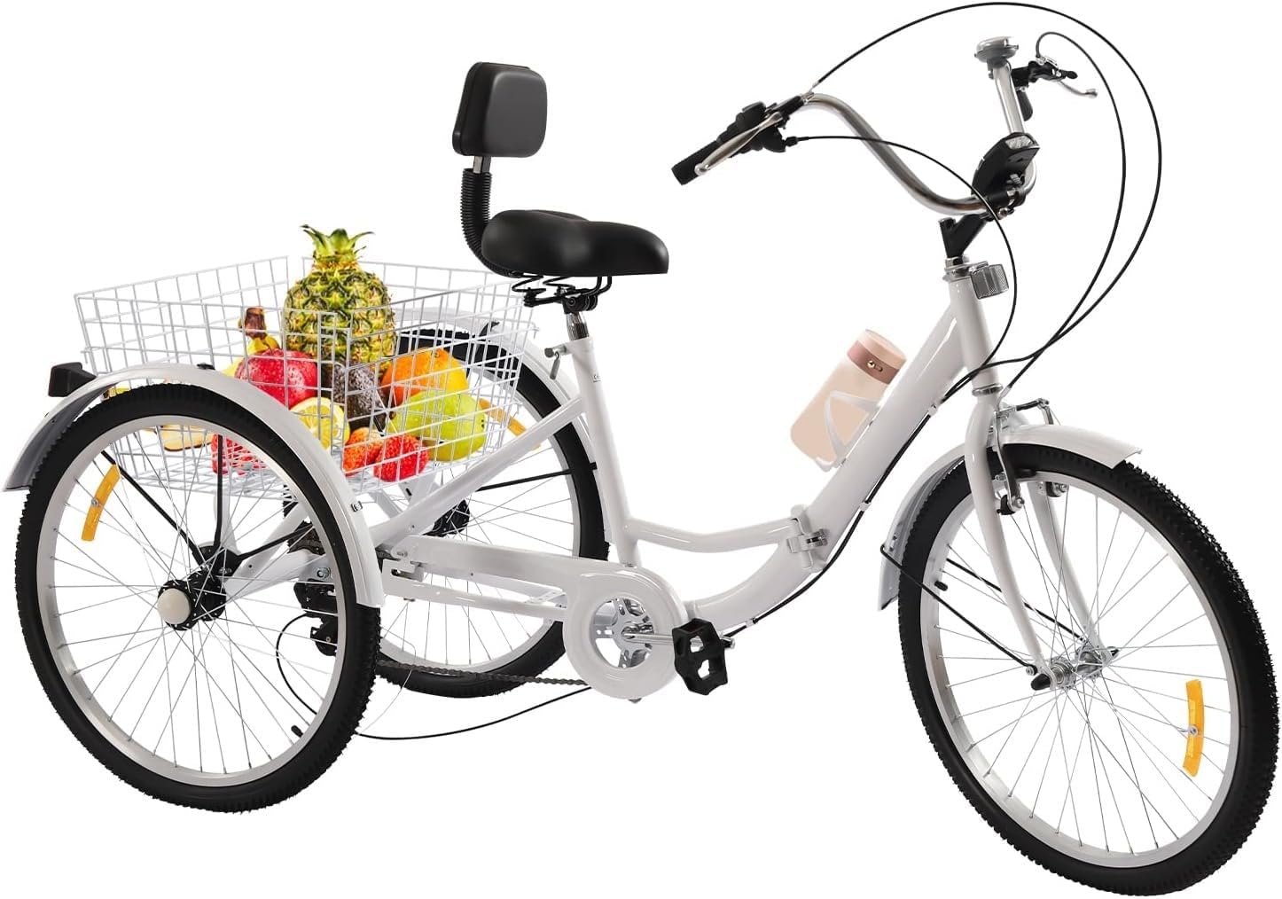 Triciclo para Adultos de 24'' con 7 Marchas, Plegable de Acero al Carbono, Incluye Portavasos, Cesta y Luz LED