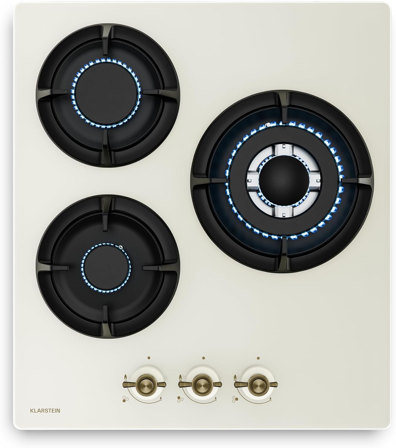 Klarstein Victoria Placa de Gas 45cm, 3 Fuegos, 6050W, Vidrio Templado, Compatible GLP y Gas Natural, Encendido Automático, Seguridad Antifugas, Diseño Retro, Adaptador Incluido, Color Crema