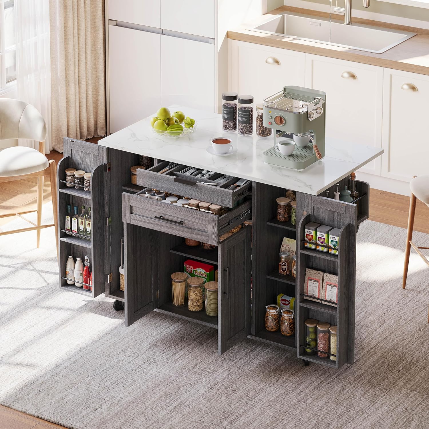 Carro de Cocina con Ruedas y Almacenamiento Ajustable, Gris