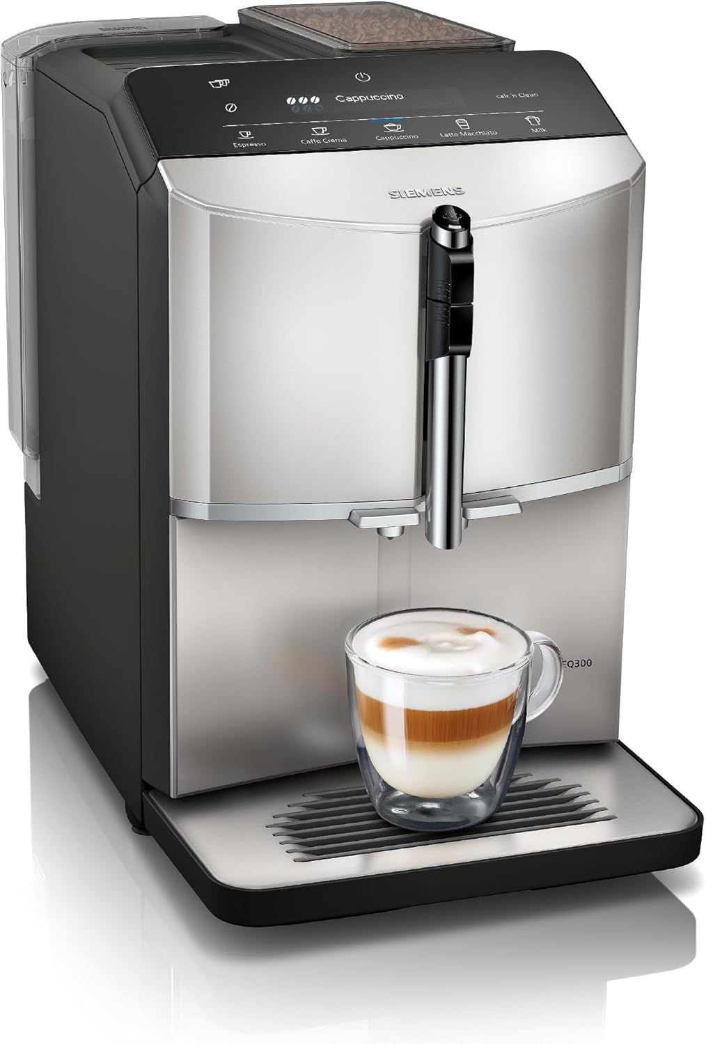 SIEMENS - Cafetera Automática EQ300, Molinillo cerámico, Sistema milkPerfect, Función oneTouch, Acero Inoxidable