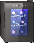 Enfriador de Vino HOMCOM para 6 Botellas, Sistema Termoeléctrico, Temperatura Regulable 8-18°C, Puerta de Cristal UV, Pantalla LED, Luz Interna, Color Negro