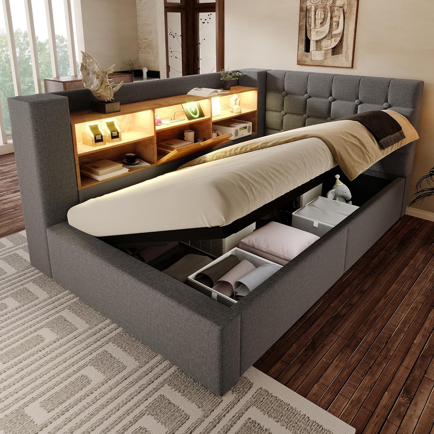 Cama individual 90 x 190 cm con LED y almacenamiento hidráulico
