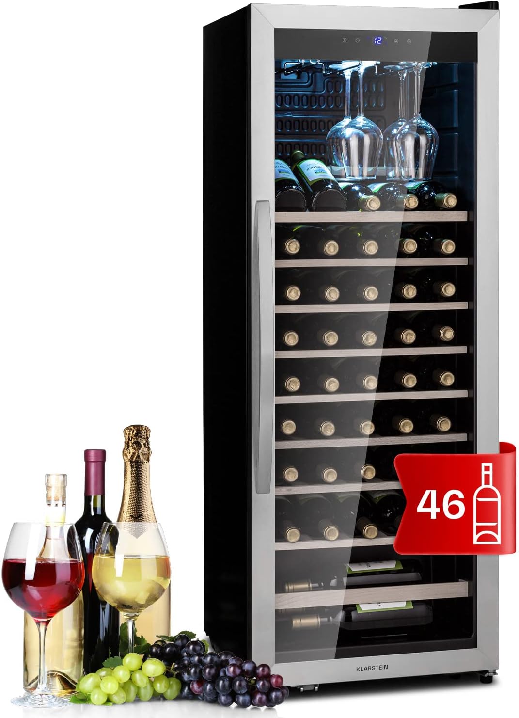 Enfriador de Vino KLARSTEIN para 46 Botellas, Refrigerador con Puerta de Cristal, Protección UV, 4-18°C