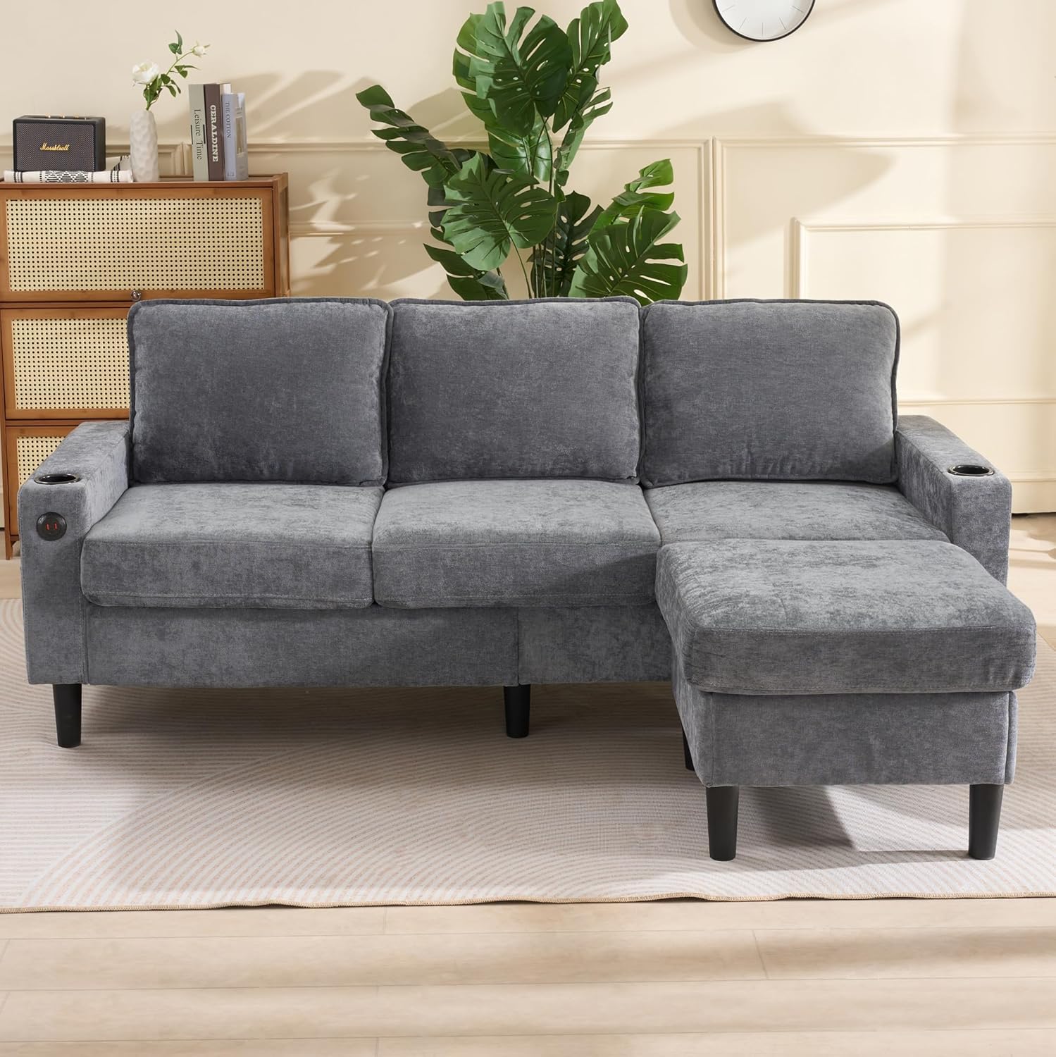 Sofá 3 plazas con USB y tipo C, portavasos, convertible en cama, lino gris