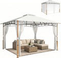 Outsunny Carpa Jardín 3x3,6 m, Gazebo Doble Techo y Malla, UPF50+, Estructura Metálica, Crema y Teca