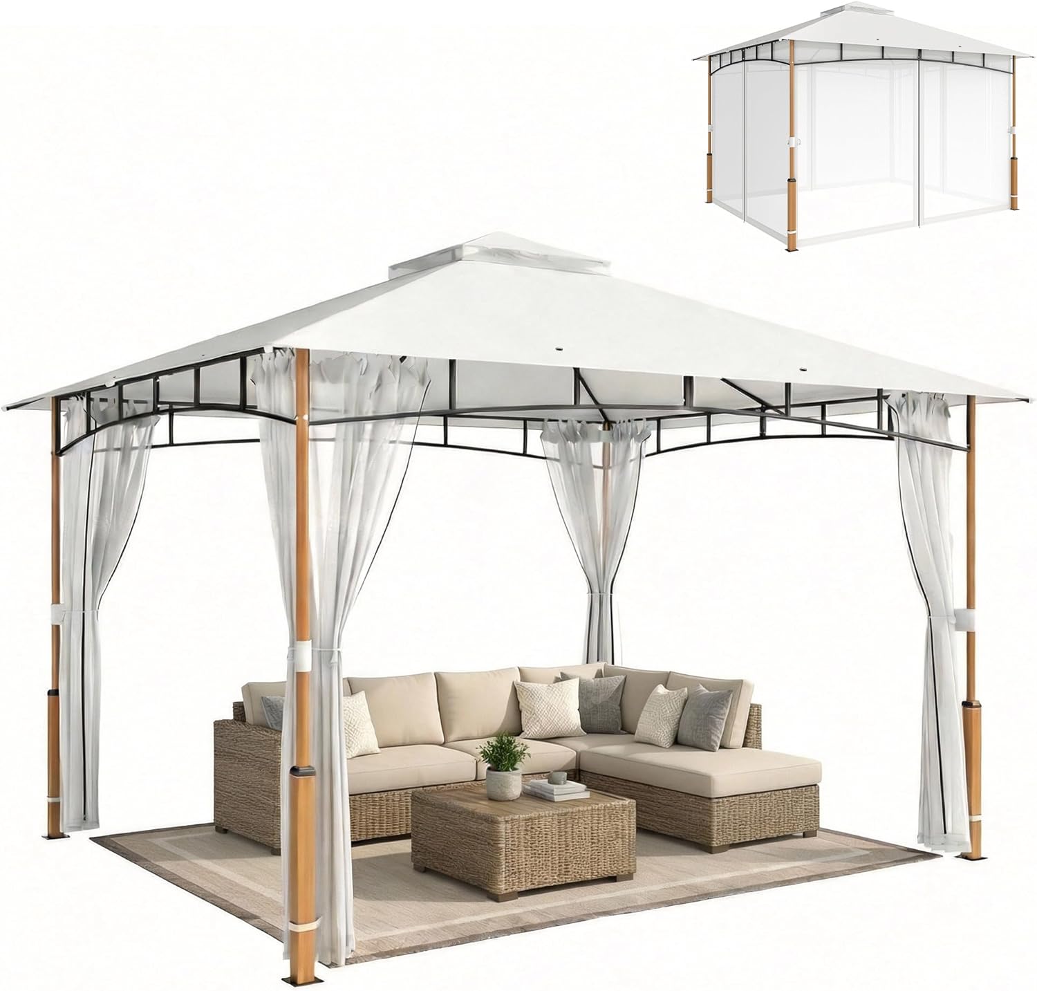 Outsunny Carpa Jardín 3x3,6 m, Gazebo Doble Techo y Malla, UPF50+, Estructura Metálica, Crema y Teca