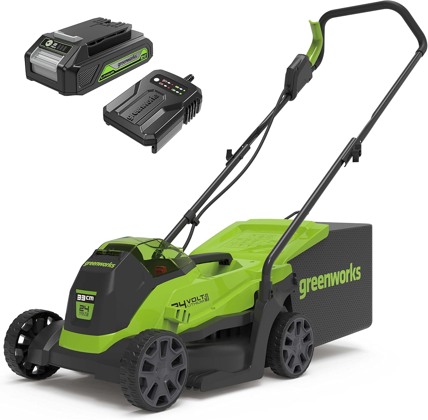 Greenworks Cortacésped Inalámbrico 24V 33cm con Batería y Cargador, Ajuste de Altura 25-75mm, Recogedor 30L, Área de Trabajo 280m²