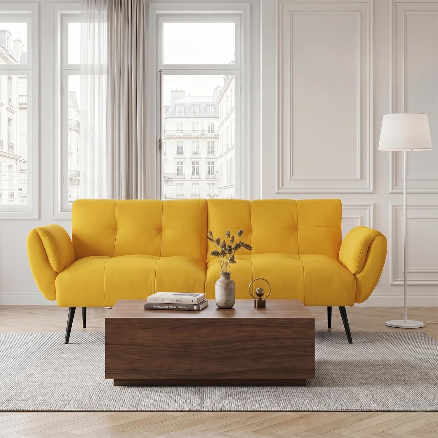 Sofá Cama Convertible de Tela Moderna de 2 Plazas con Ángulos Ajustables, 173 cm, para Sala de Estar, Patas de Madera, Amarillo