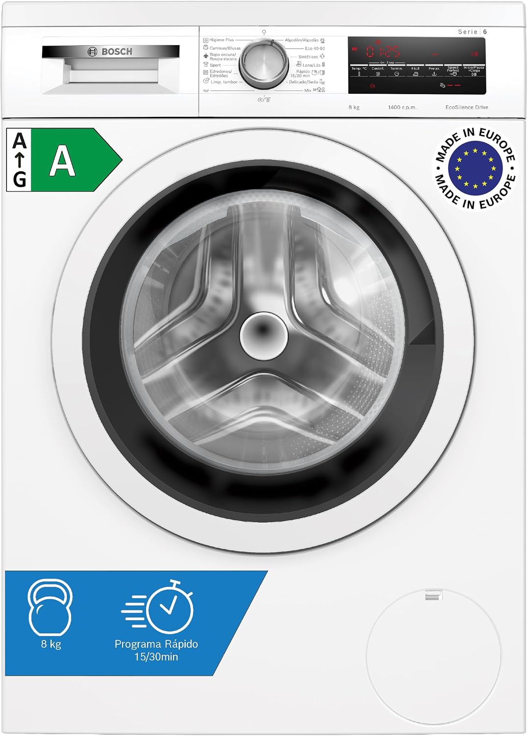 Lavadora Bosch 8 kg Serie 6 con Motor EcoSilence, Blanca
