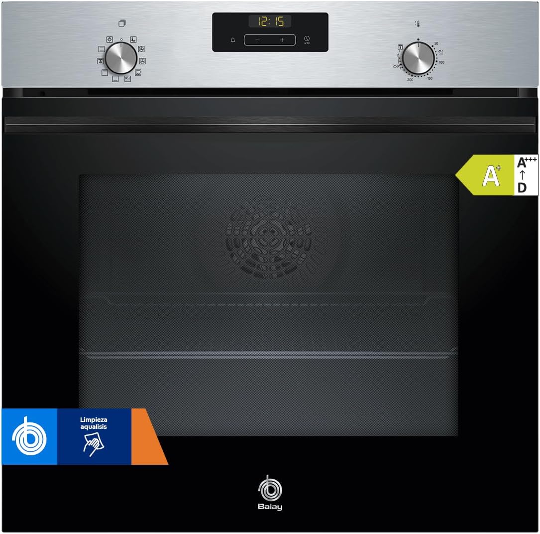 Horno multifunción Balay 60 cm con Aqualisis y Raíles en Cristal Negro
