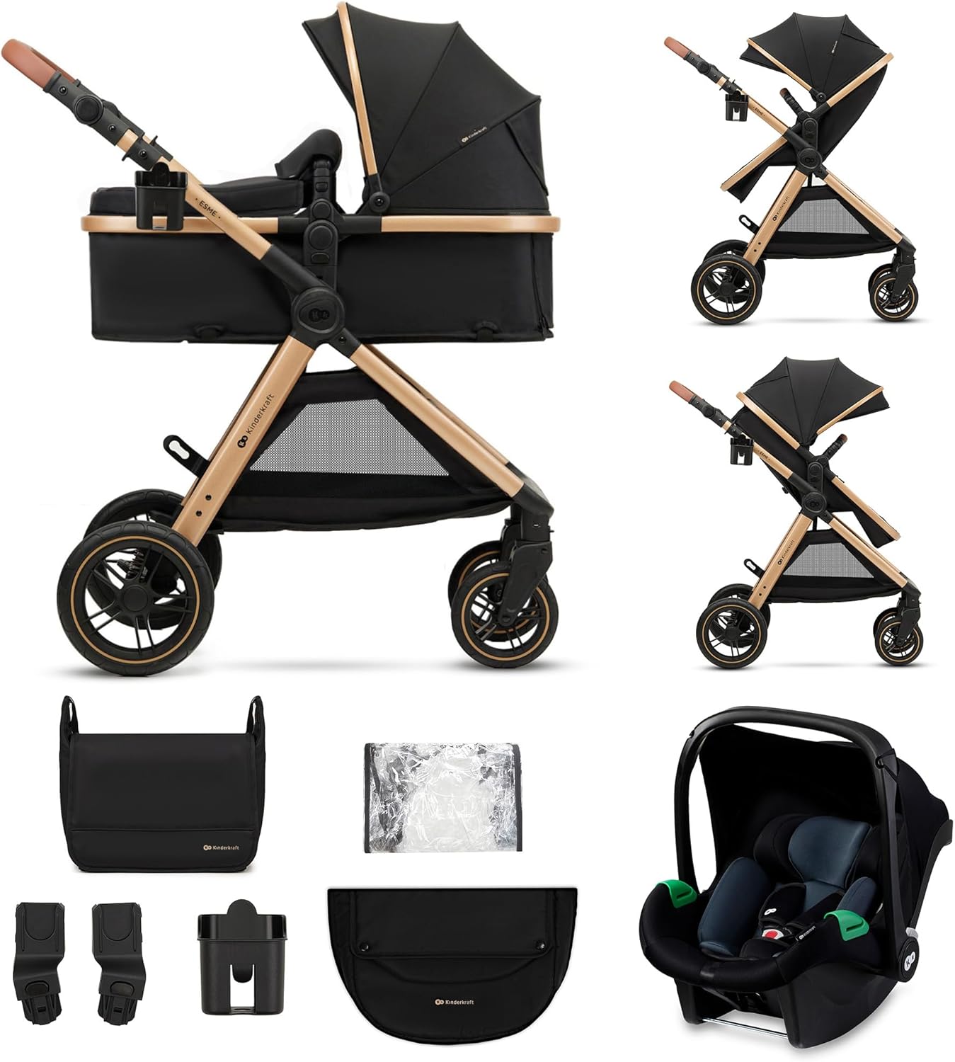 Sistema de Viaje Bebé 3 en 1 Kinderkraft ESME, Incluye Portabebés Mink PRO I-Size, Plegable, Negro