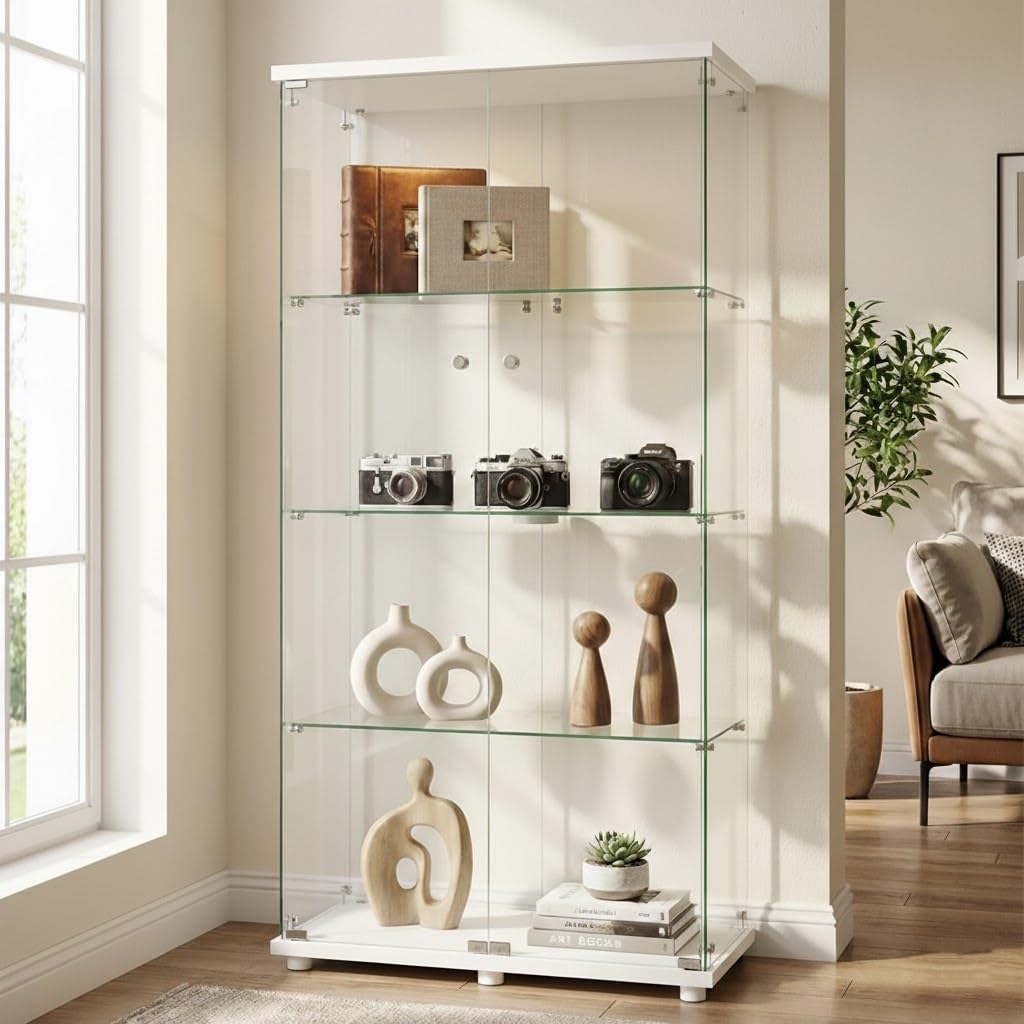 Vitrina alta de cristal blanco, 2 puertas y 4 estantes para salón, dormitorio u oficina