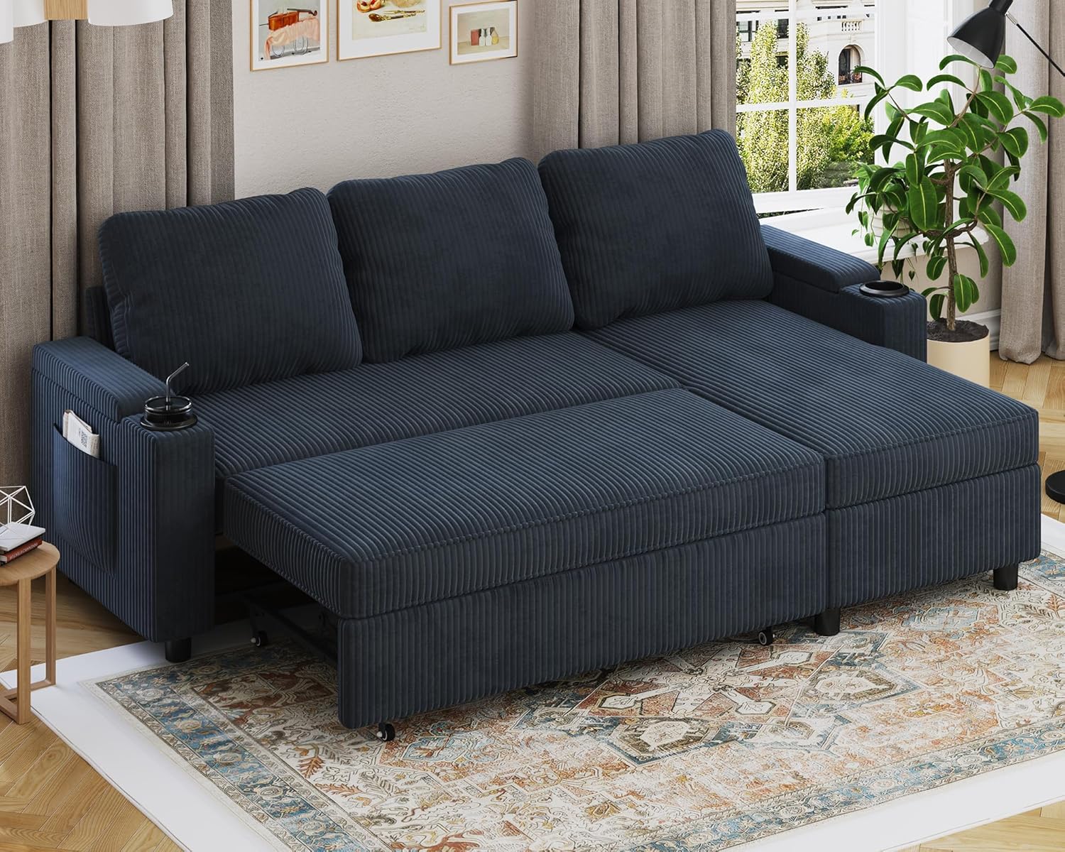 Sofá Cama Chaise Longue 3 Plazas con Almacenamiento y Portavasos, Tela Negra