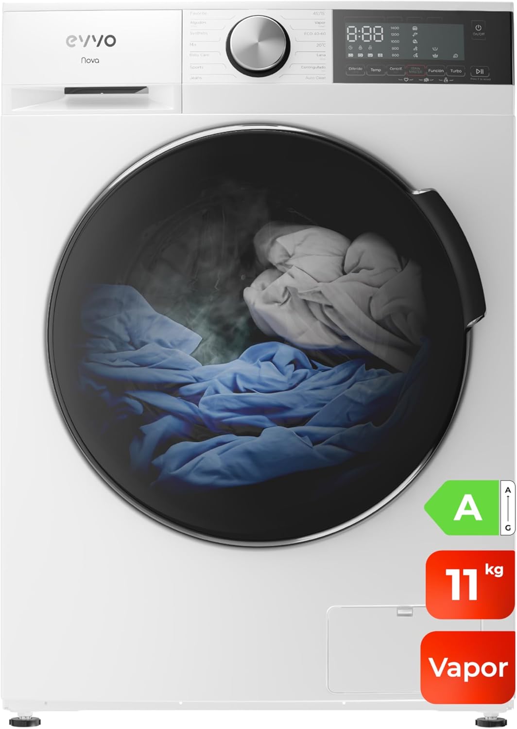 Lavadora EVVO 11kg con Vapor y Motor Inverter, Eficiencia Energética A, Higiene Pro, Lavado Rápido 15 min, Tambor ePROTECT, Carga Inteligente, 1400 rpm, 13 Programas, Carga Frontal, Blanco