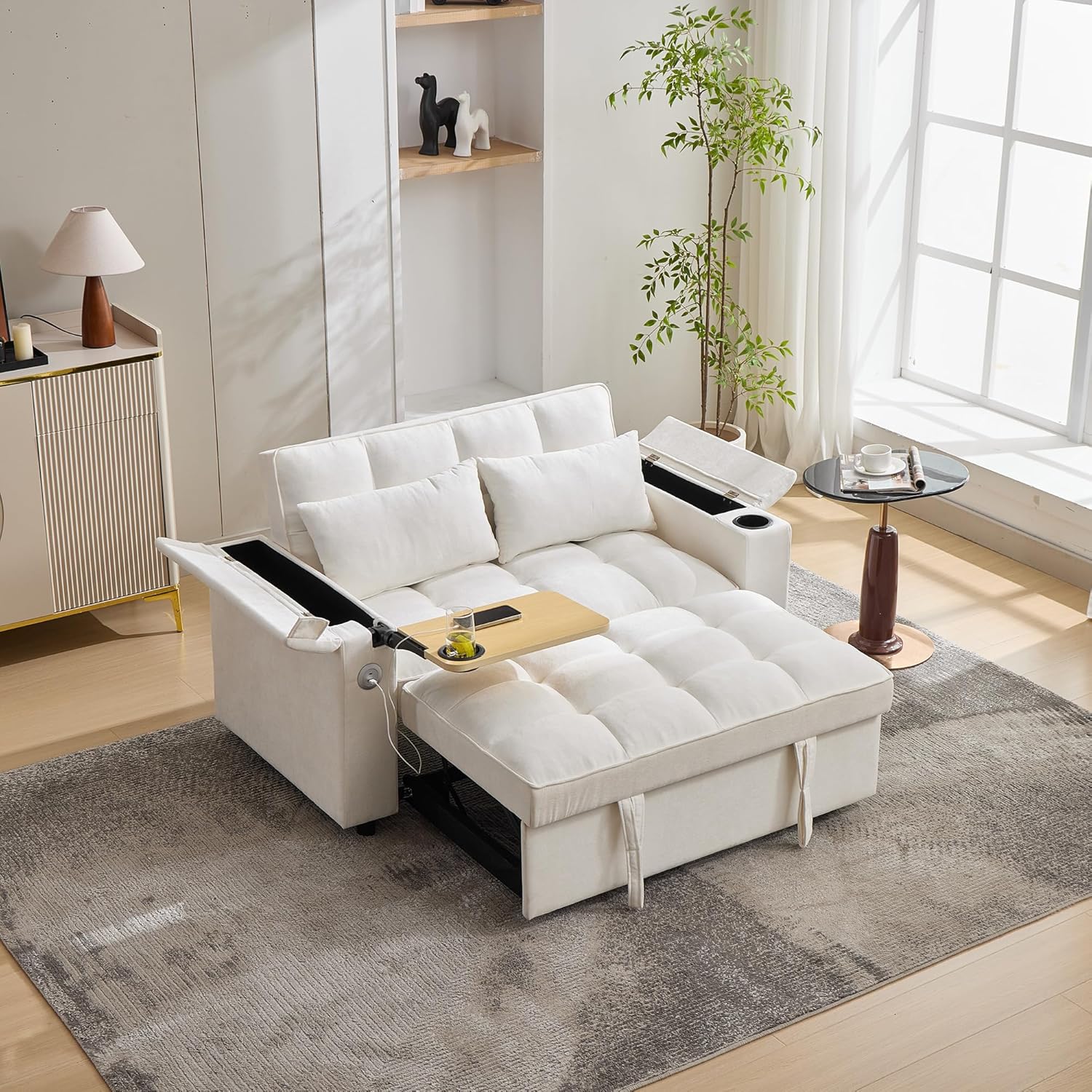 Sofá Cama de 2 Plazas con USB, Respaldo Ajustable y Mesa Integrada, Sofá Convertible Multifuncional con Cojines y Portavasos, Color Beige