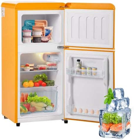 Nevera Retro Roja, 60L, Doble Puerta, Congelador 22L, Clase E, 102 kWh/año