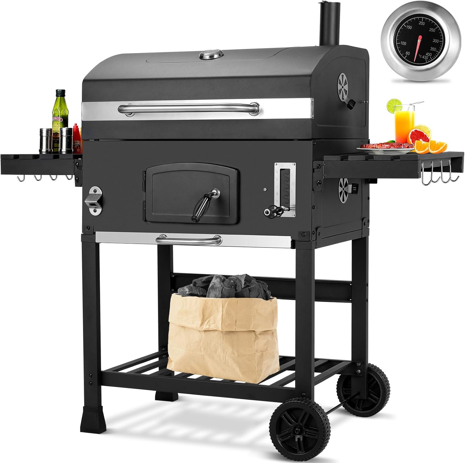 LIFERUN Barbacoa de Carbón con Ahumador y Carrito, XXL con Ruedas y Termómetro, Ideal para Camping y Jardines, 138x155x61 cm