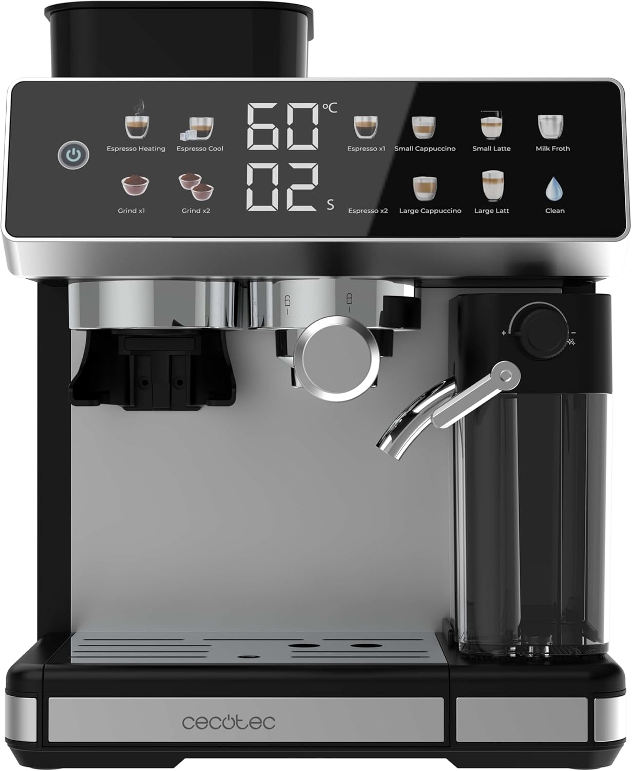 Máquina de Café Espresso Cecotec 20 Bares con Molino y Vaporizador, 1350W, Depósito 2.6L, Pantalla Táctil