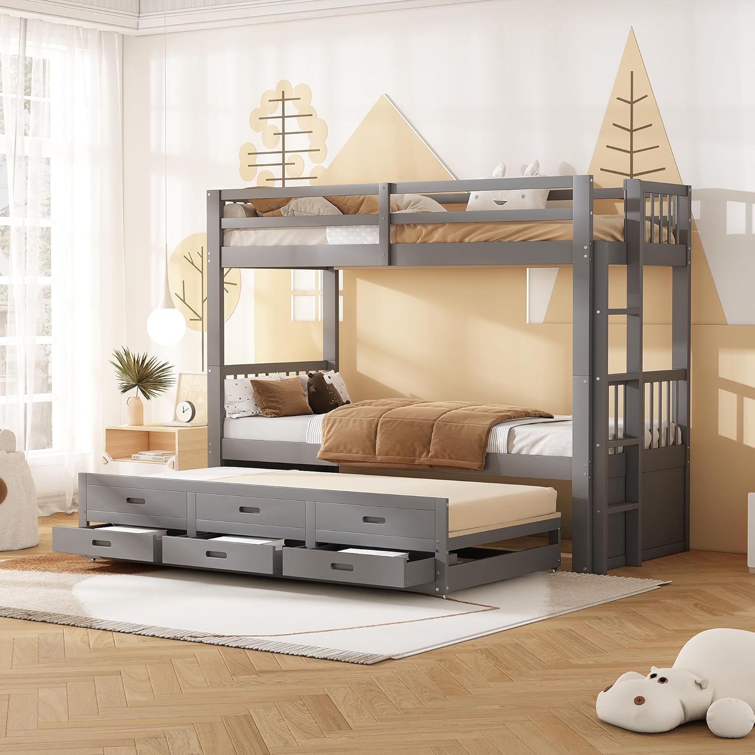 Litera infantil de madera gris con escalera, cama extraíble y cajones 90x200 cm