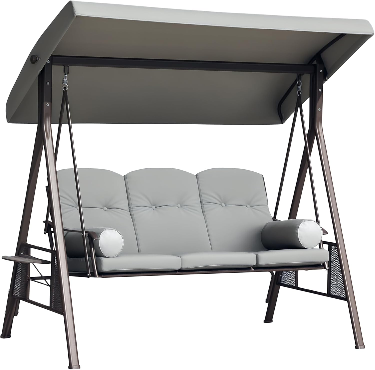 Outsunny Columpio de Jardín de 3 Plazas con Toldo Ajustable, Bandejas Laterales y Almohadas, Carga 360 kg, Gris